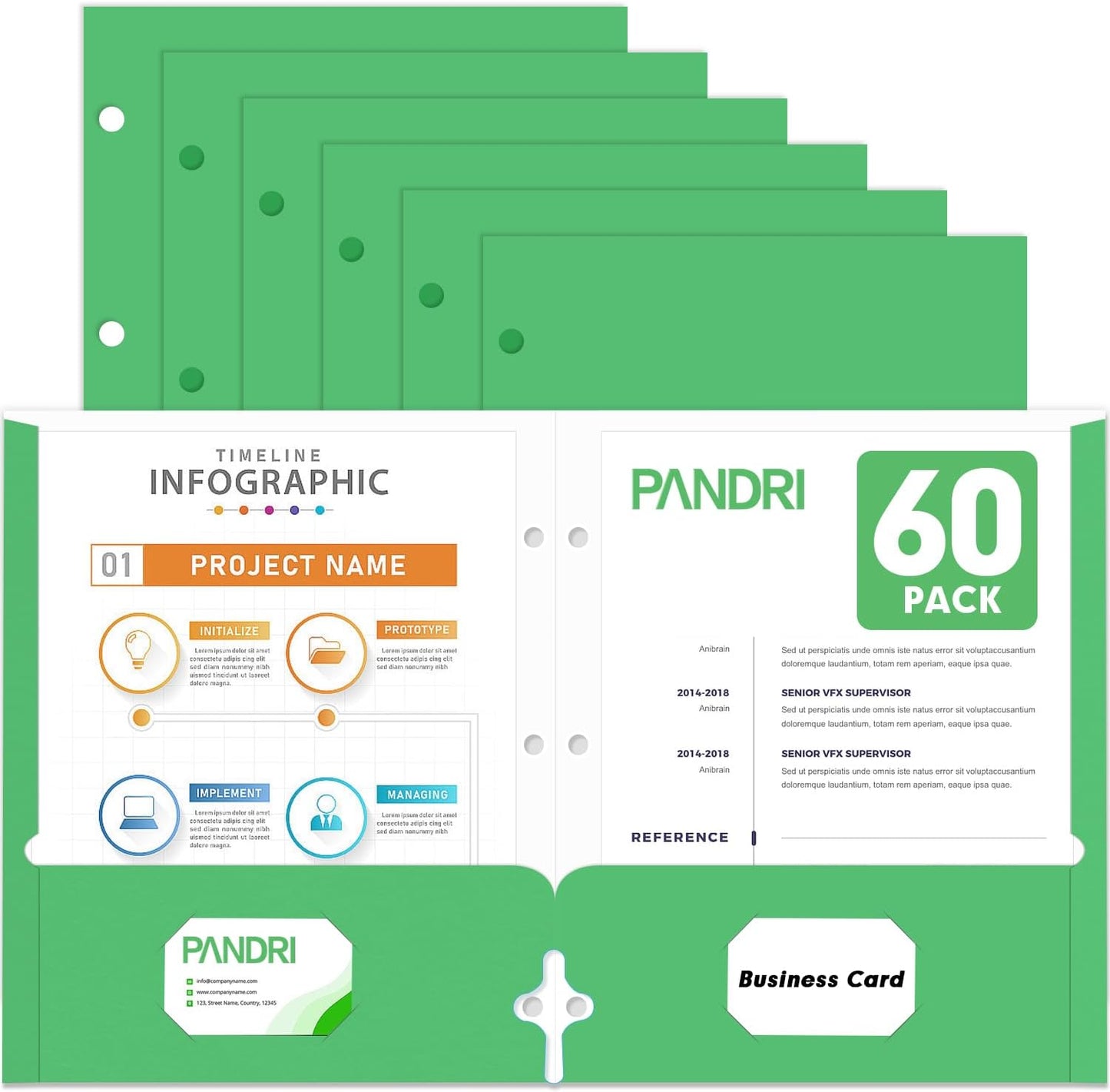 Two Pocket Portfolio Folders, PANDRI 60 Pack 3 Hole Punched 2 Pocket Folders for 3 Ring Binder, Letter Size Paper File Folder for School Office Home Business, Green