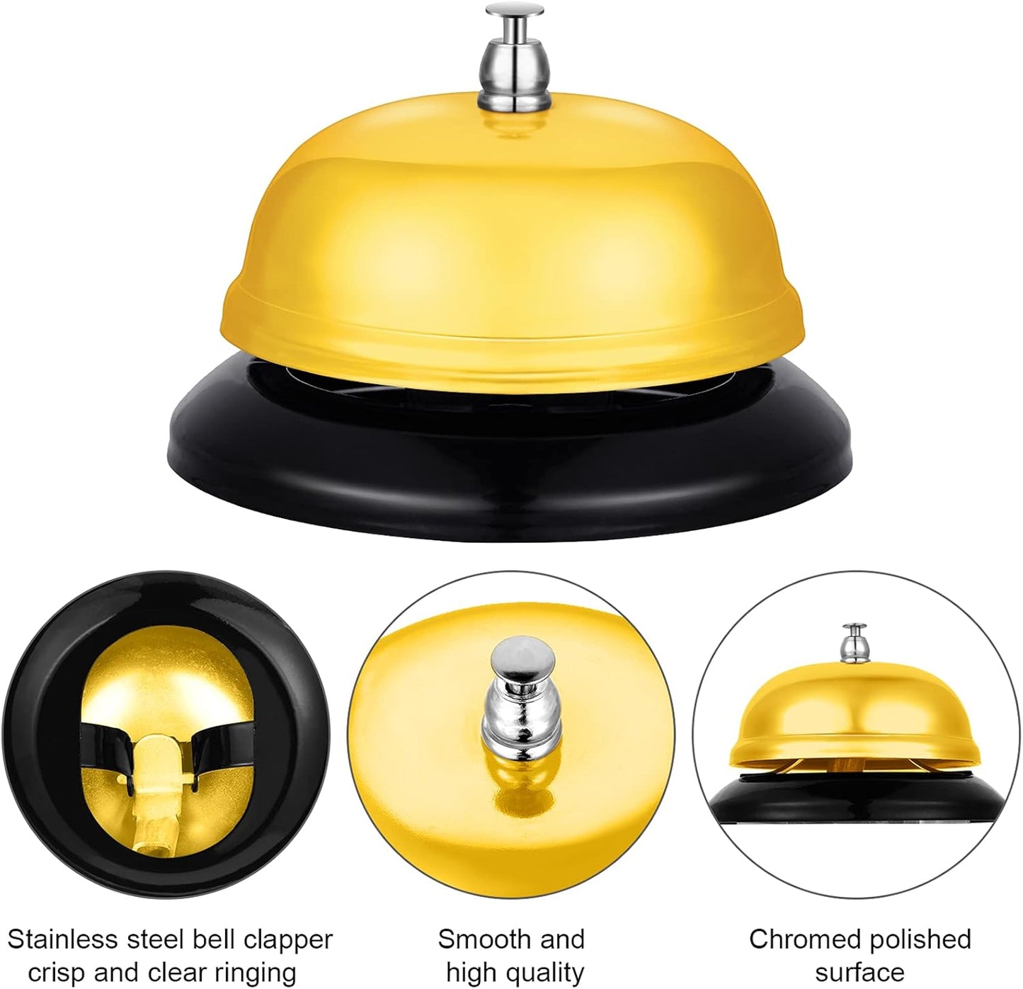 Boao Desk Service Dinner Bell Metal Silver Call Bell and Double Side No Receptionist Sign Please Ring Sign for Service Assistance for Hotel School Restaurant Reception Area(Yellow Bell)