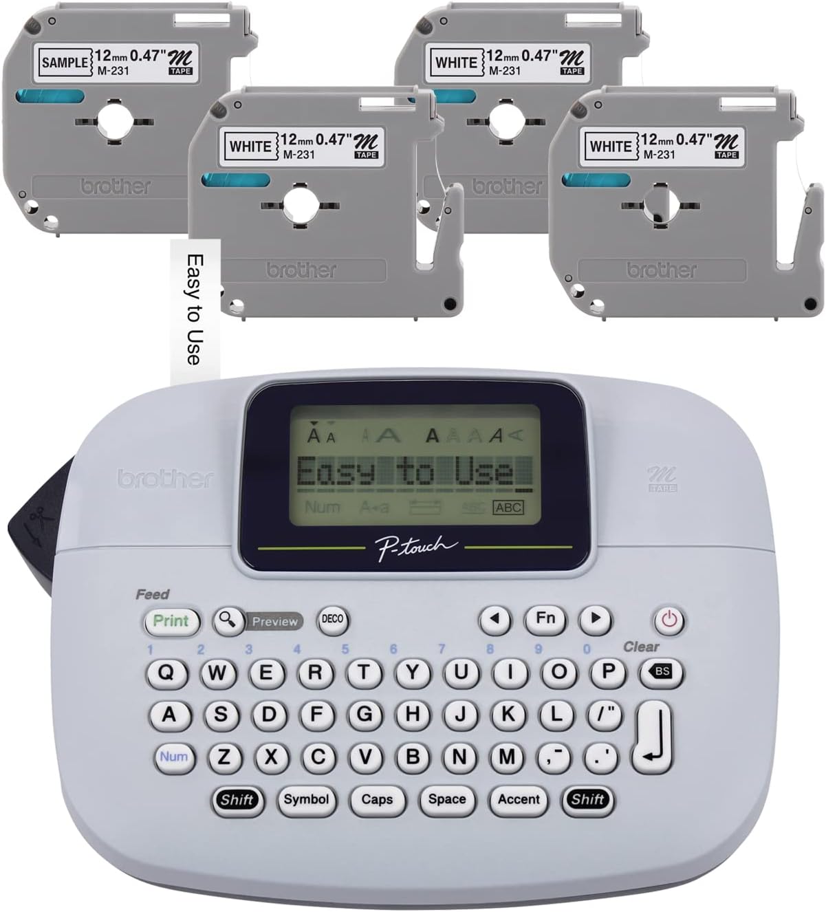 Brother PT-M95 P-Touch Monochrome Label Maker Bundle (4 Label Tapes Included),White