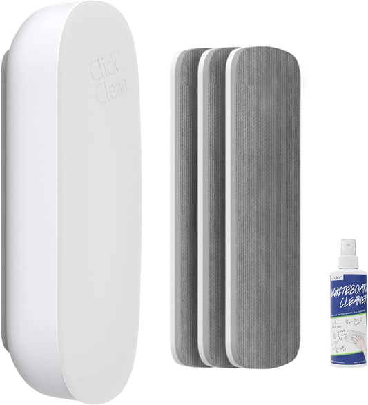 CLICK CLEAN Replaceable Dry Erase Board Eraser, 4-in-1 Magnetic Whiteboard Eraser with 3 Replaceable Felt Pads, Free 3.4oz Whiteboard Cleaner Included, Intended for Classroom, Home and Office