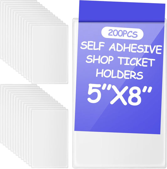 Outus Self Adhesive Shop Ticket Holders Clear Plastic Sleeves Adhesive Pockets Work Order Job Ticket Holders for Home Office Posting Signs(5 x 8 Inch,200 Pcs)