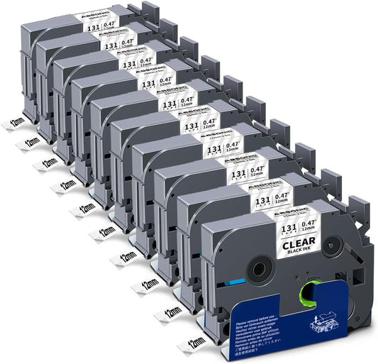 Absonic 10-Pack Tze Tz Label Tape Clear Compatible for Brother Tze-131 Tze131 Tz-131 Tz131 P Touch Tape 12mm 0.47" Black on Clear Label Maker Tape 1/2 inch Laminated for PTD220 PTD210 PTD200 PTH110