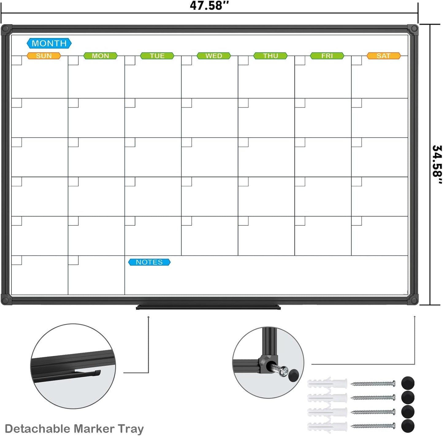 JILoffice Dry Erase Calendar Whiteboard 48 X 36 Inch - Magnetic White Board Calendar Monthly, Black Aluminum Frame Wall Mounted Board for Office Home and School