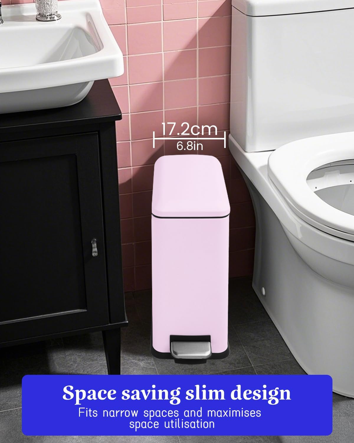 Bathroom Trash Can with Lid, 2.6 Gallon Stainless Steel Slim Garbage Can, Pedal Trash Bin with Removable Liner Bucket, 10L Rectangle Trash Bin for Bedroom, Kitchen, Office (Pink)