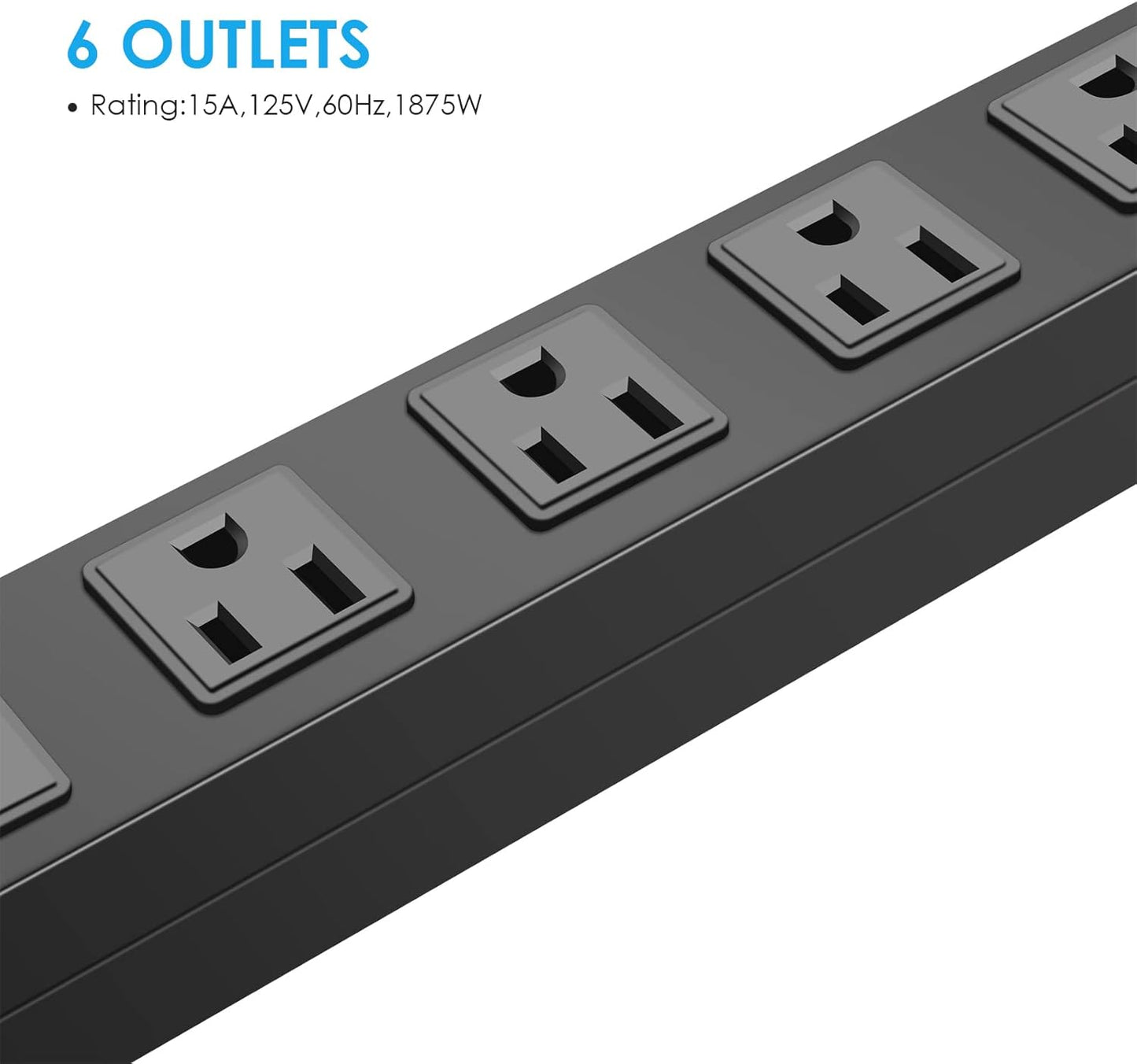 Metal Wall Mount Power Strip, Mountable Power Outlet with 6 AC Outlets, Aluminum Alloy Mount Power Socket with Switch, 15 FT SJT 3/C 14AWG Power Cord, 15A 125V 1875W (6AC) Black
