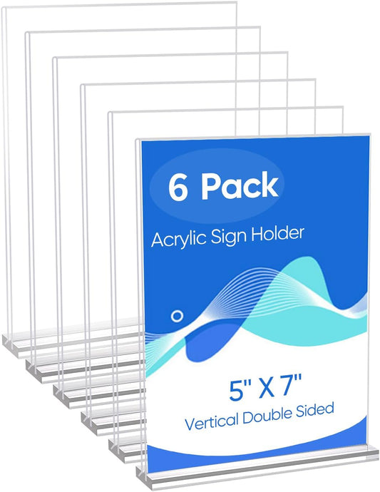 6 Pack Acrylic Sign Holder 5 x 7, Clear Double Side T Shape Acrylic Table Sign Stands for Displaying, Flyer Holder Paper Card Holder for Office Business Store Mall Restaurants