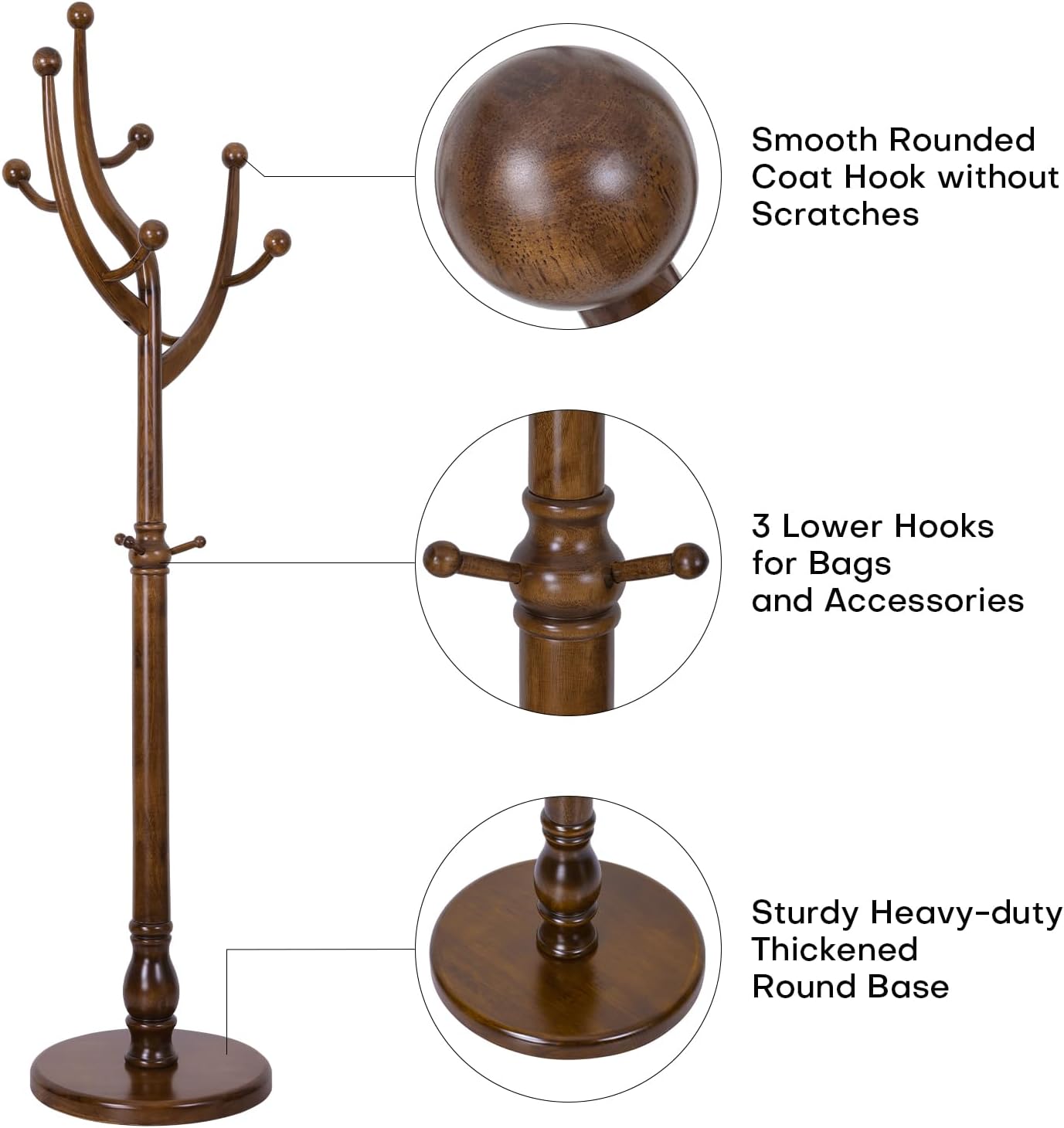 Coat Rack Freestanding Coat Tree with Sturdy Round Base, Unique Coat Hanger Stand, Heavy Duty Standing Coat Rack Clothes Stand for Winter Jacket, Hat, Entryway/Hallway/Bedroom, Walnut