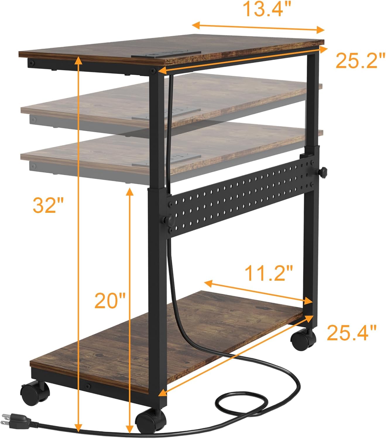 Computer Tower Stand with Charging Station, Height Adjustable 2-Tier CPU Stand with Power Strip and USB Ports, PC Tower Cart with Wheels and Printer Shelf, Rustic Brown and Black