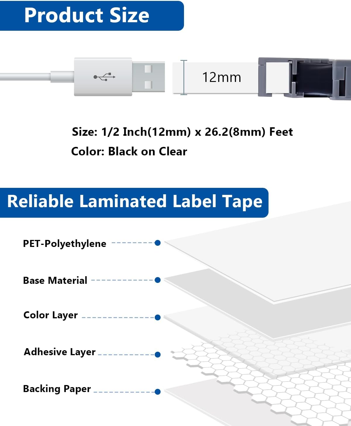 TZe TZ Tape 12mm 0.47 Inch Laminated Clear Compatible with P Touch Label Tape TZe-131 TZe131 for Ptouch PT-H110 D200 D210 D220 D400 D600 D610BT PTD220 Label Maker, Black on Clear
