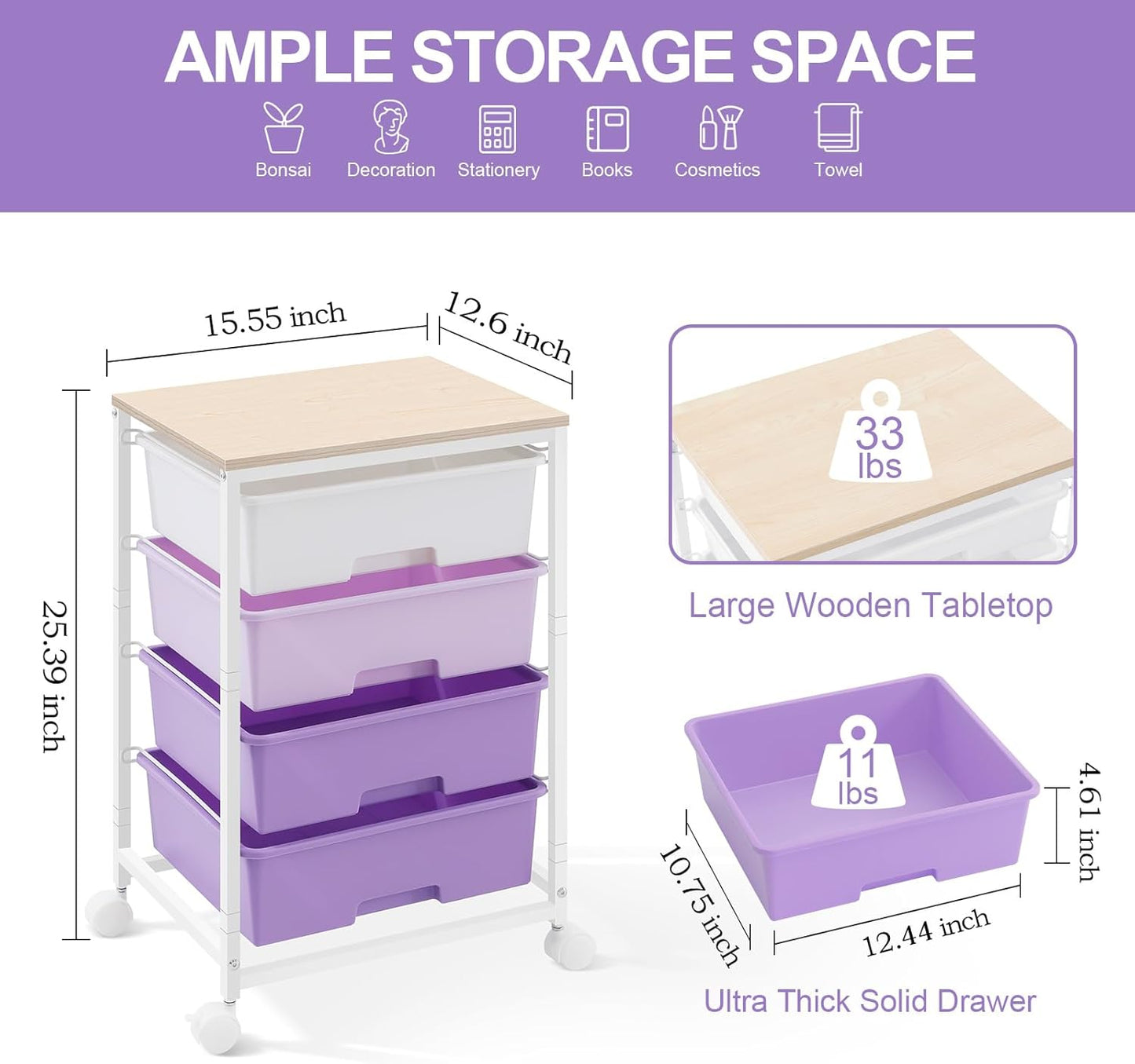 Utility Cart with 4 Drawers,Rolling Storage Cart with Drawers,Storage Rolling Drawer Cart with Wooden Tabletop for Bedroom,Kid's Room,Dorm,Classroom,Office, Purple