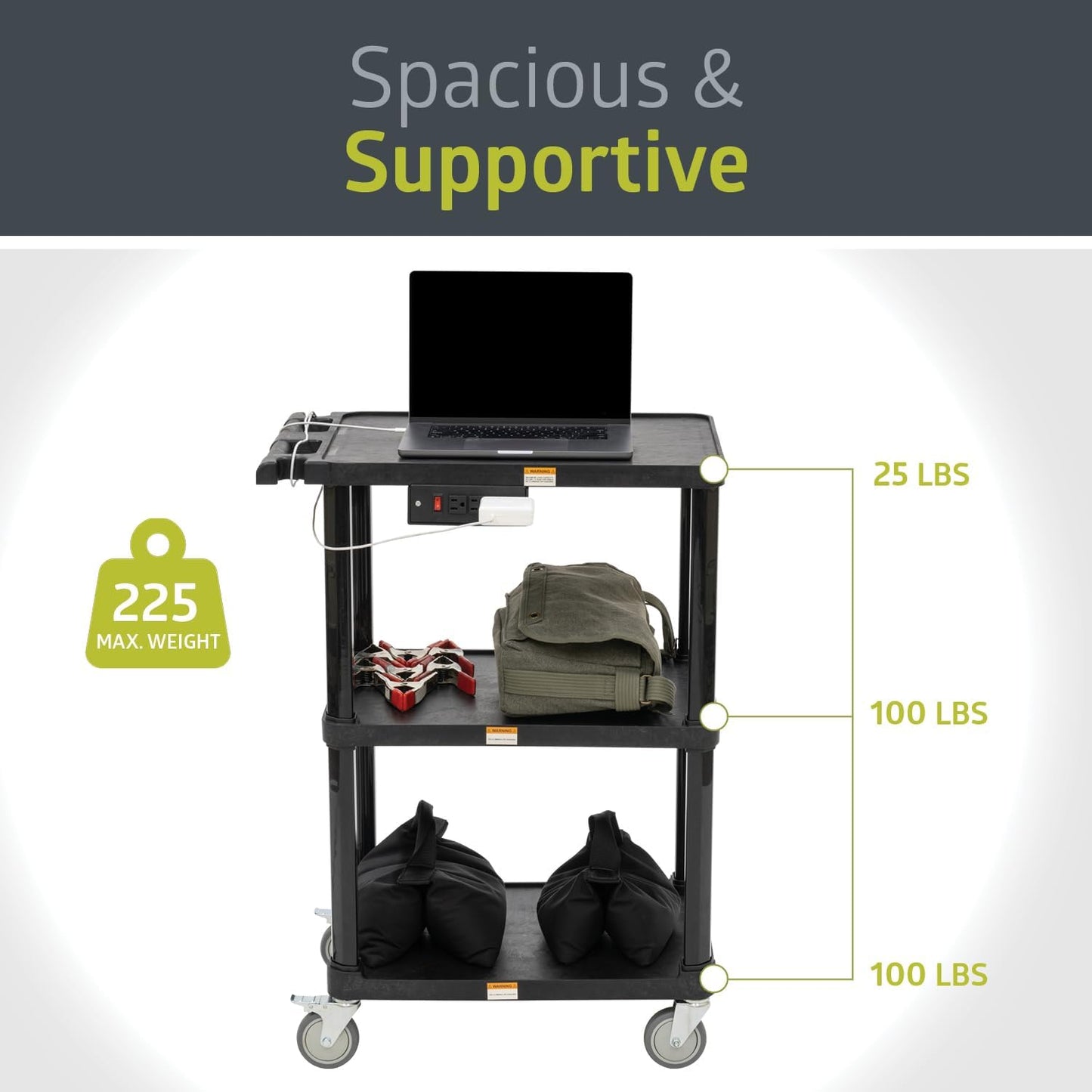 Pearington 3-Shelf Mobile Utility Cart with 3 Outlets and 8' Cord, Heavy-Duty Service Cart for Offices and Warehouses with 3 Shelves, Black, 2 Pack