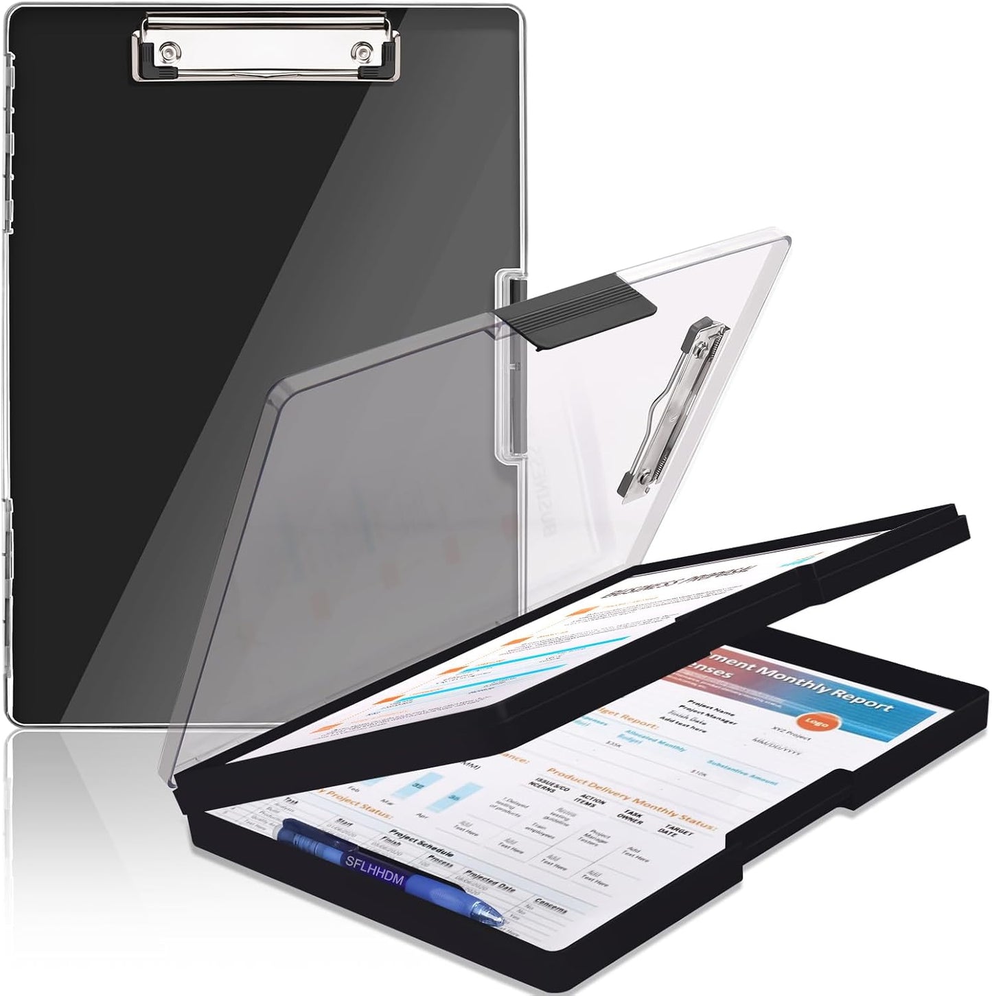 Clipboard with Storage,Heavy Duty Clip Boards 8.5x11 with 2 Storage Case,Clear Visible Top Panel Storage Clipboards,Side Opening Clip Boards,Nursing Clipboard Folder Case for Office Supplies-Black