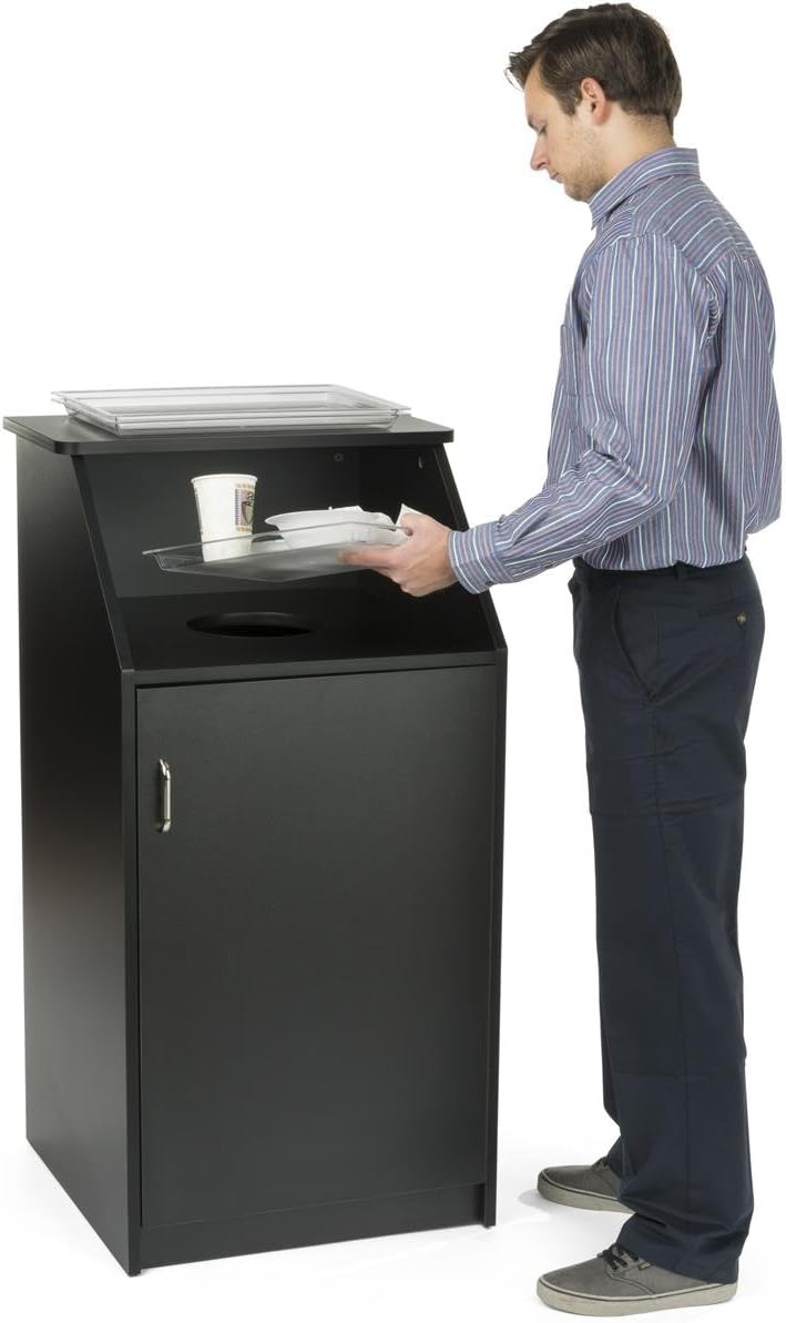 Displays2go Commercial Trash Bin with Black Finish, MDF Construction, Melamine Finish, Circular Cutout - Hinged Door (LCKDTLCSBK)