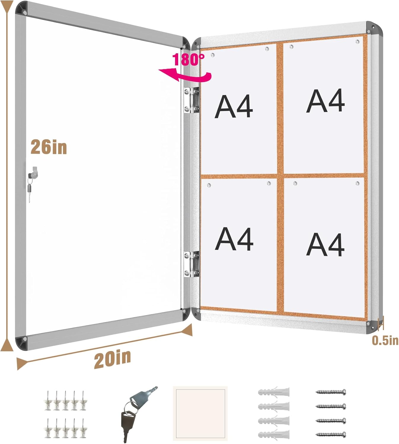 26"x20" Enclosed Bulletin Board, Lockable Weather-Resistant Aluminum Cork Noticeboard for School & Office, Silver Frame w/Cork