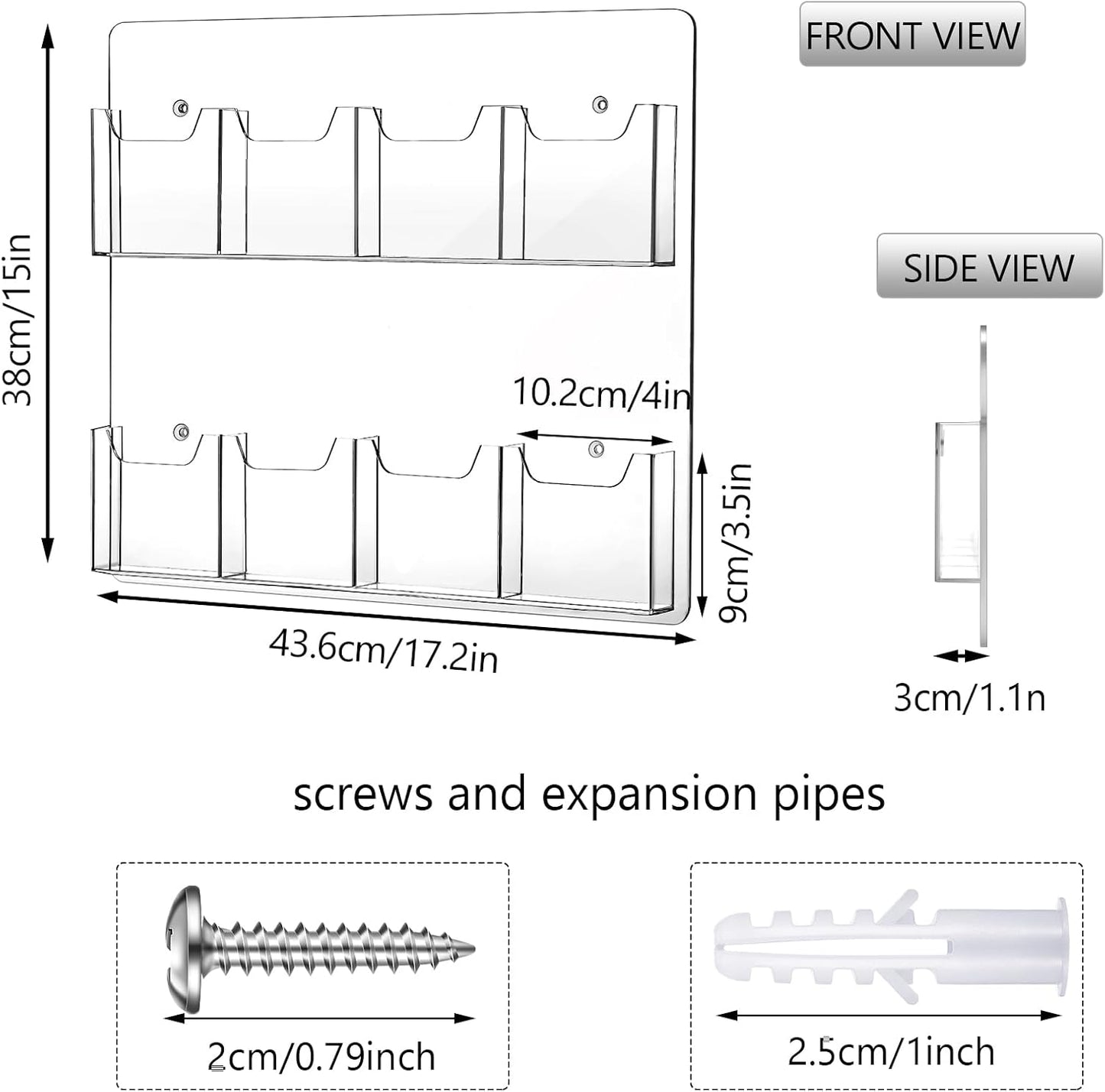 Weysat 4 Pcs Acrylic Brochure Holder Wall Mount 8 Pockets Pamphlet Holder 4" Wide Clear Plastic Trifold Flyer Display Stand Multi Slot Literature Postcard Rack Hanging Rack for Offices Waiting Room