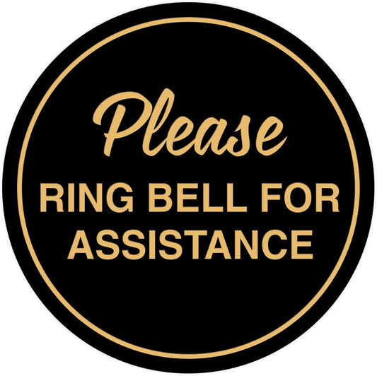Signs ByLITA Circle Please Ring Bell For Assistance Wall or Door Sign | Easy Installation | Front Desk Reception Sign (Black Gold) - Medium (1 Pack)