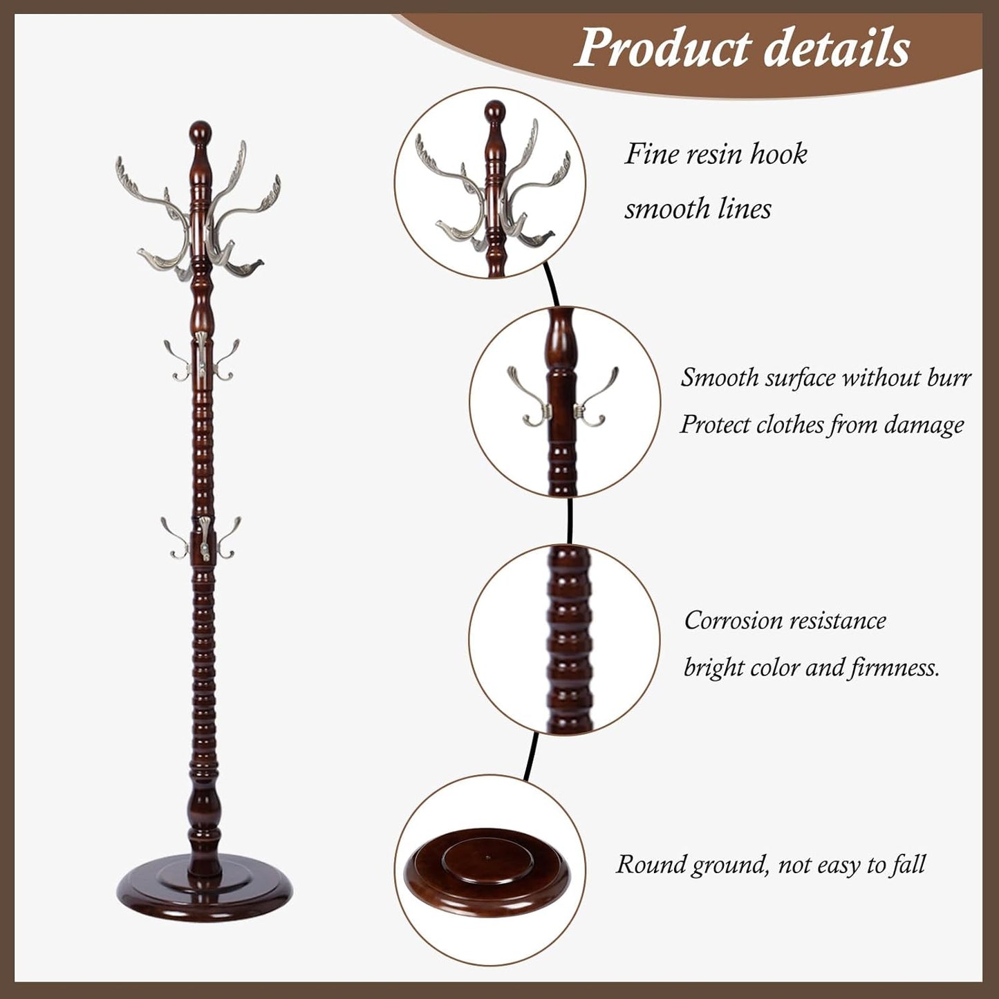 Wooden Coat Rack Freestanding, Vintage Coat Racks with Sturdy Round Base, Adjustable Height 37.40"-72.83" Entrance Coat Rack for Bedroom Living Room Entryway (Nostalgic)