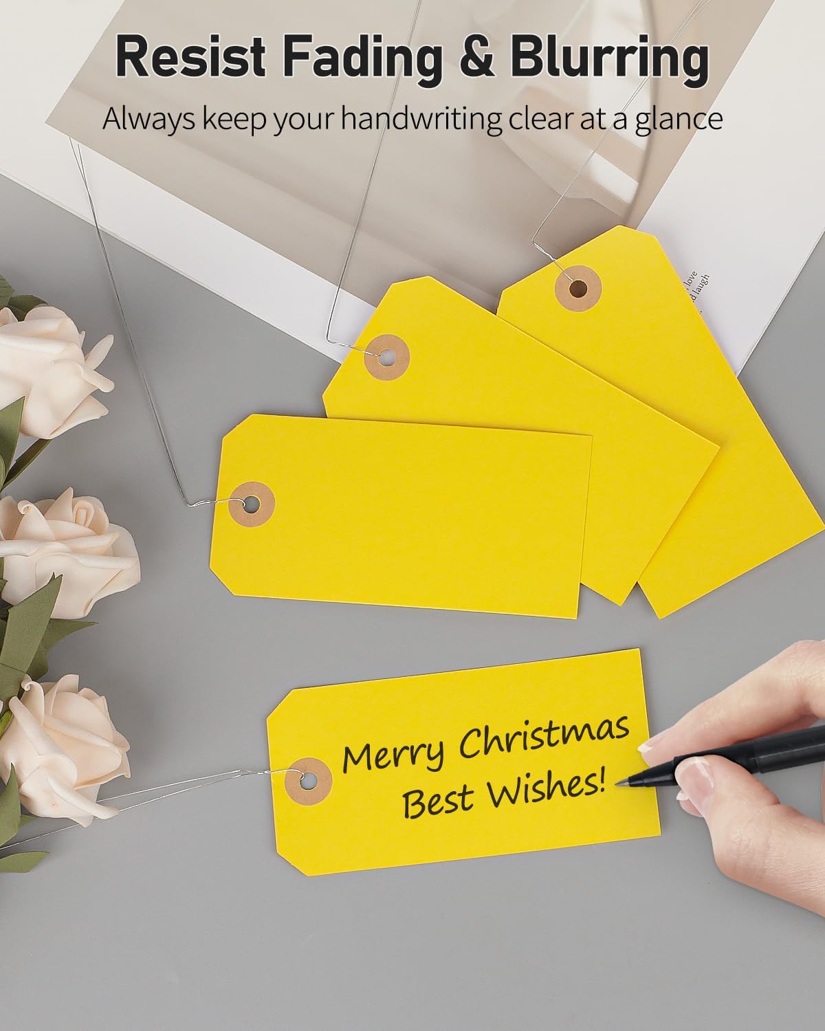 Uniclife 100 Pcs Yellow Blank Shipping Tags with Wire Attached 4.7 Inch Paper Tags Hang Tag with Reinforced Eyelet Large Marking Label Writable Price Tags Inventory Label Tag, 4.7" x 2.36"