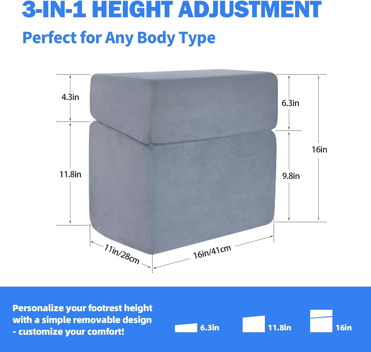 Adjustable Foot Rest for Under Desk - 3-in-1 Ergonomic Foot Stool with Zipper Connection, 6.3"/11.8"/16" Height Adjustable for Office, Home & Gaming (Gray)