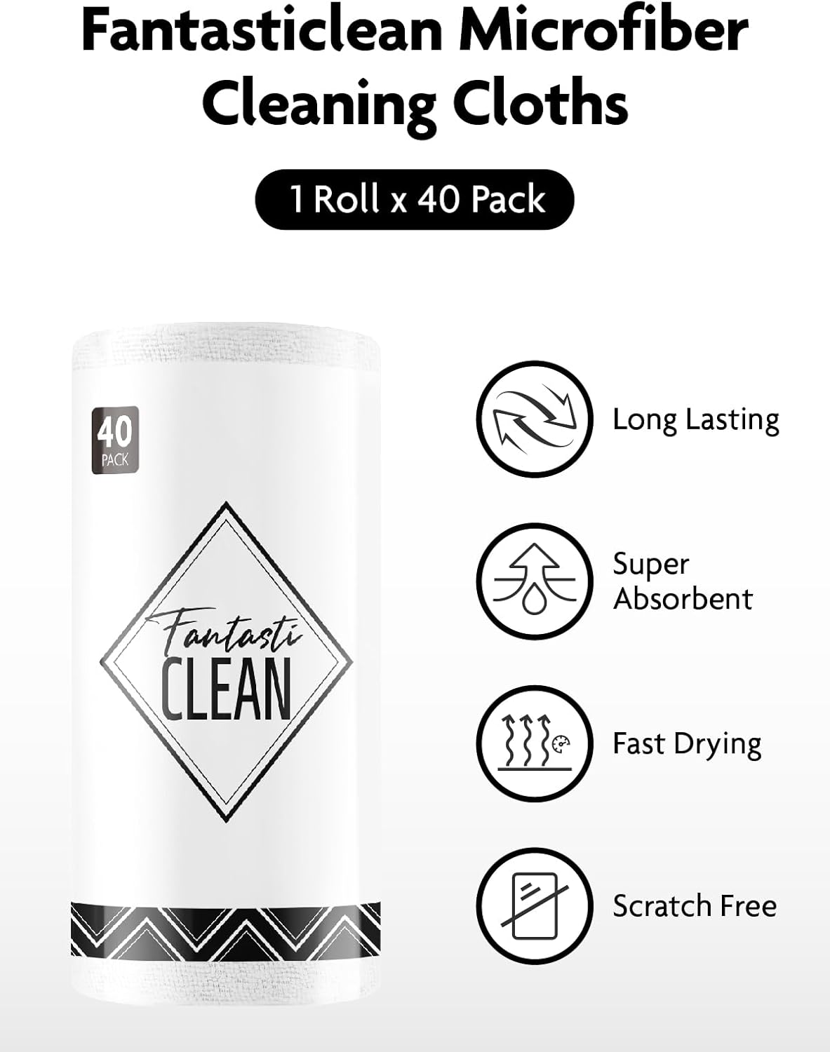 Fantasticlean Microfiber Cleaning Cloth Roll -40 Pack, Tear Away Microfiber Towels, 12" x 12", Reusable, Washable, Scratch Free, Ultra Absorbent Dish Rags for Car, Home, Garage or Shop (White)