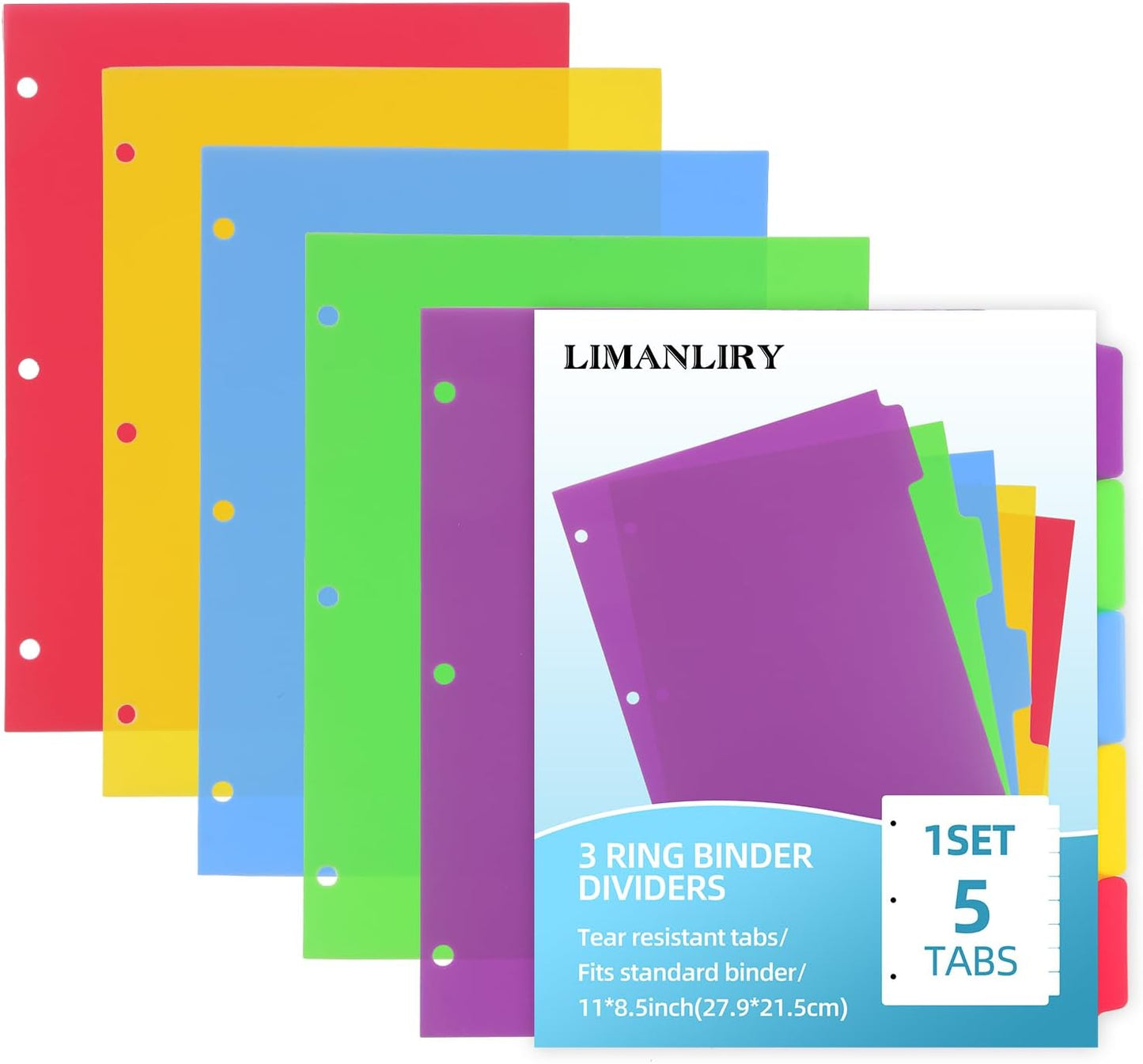 Colorful Binder Dividers with Tabs,Plastic Index with 5-Tabs,for 3 Ring Binder,6 Sets