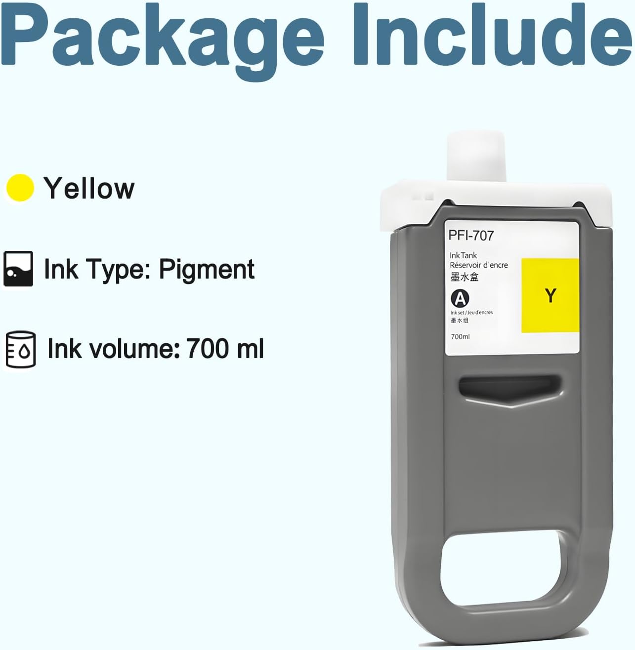 PFI-707 Ink Cartridge PFI707 Ink Tank Compatible with Canon imagePROGRAF PF830, iPF840, iPF850 CAD Plotters 700 ML (1-Pack, Yellow)