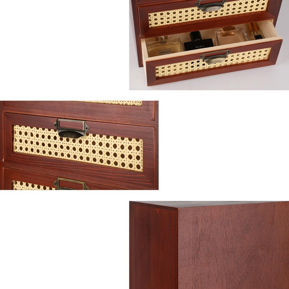 Desktop Drawers Organizer Card Catalog Drawer Card Cabinet Small Wooden Drawers Vintage Wooden Box with Drawers Boho Desk Organizers Library Card Catalog Cabinet (RATTAN-BROWN)