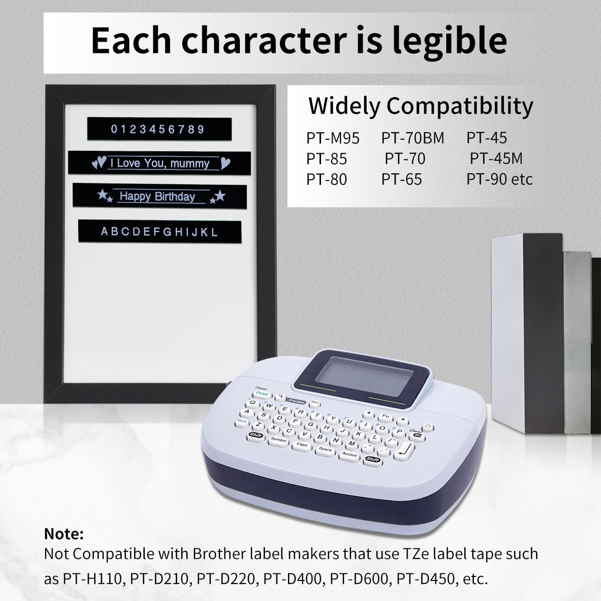 Fimax 4 x Label Maker Tape White on Black M-K335 MK 335 Replacement Brother P Touch M Tape 12mm 0.47 Black, Compatible with Brother P Touch PT-M95,PT-90,PT-70,PT-65,PT-85 Label Maker Refills