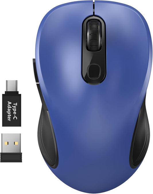 WisFox 2.4G Wireless Mouse for Laptop, Ergonomic Computer Mouse with USB Receiver and Type-C Adapter, 3 Adjustable Levels, 6 Button Cordless Wireless Mice for Windows Mac PC Notebook (Blue)