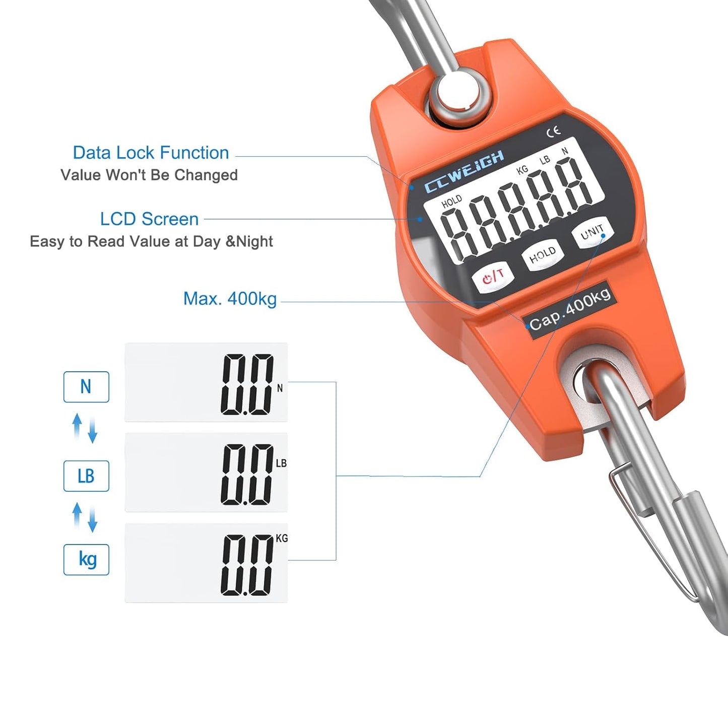 Hanging Scale Handheld 880lb/400kg Crane Scale Luggage Scale,with ABS Plastic case & Big LCD Display, Portable Digital Mini Crane Scale Fishing Scale，for Gym,Hunting,Travelling,Farming（Orange）