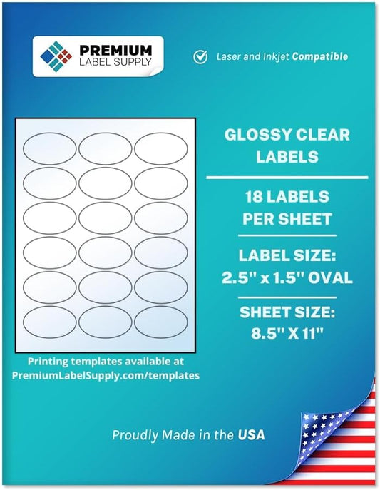 Premium Label Supply Glossy Clear Sticker Oval Labels – 2.5" x 1.5" Oval – Laser/Inkjet Compatible – (18 per Sheet), 100 Sheets – 1,800 Total Adhesive Labels