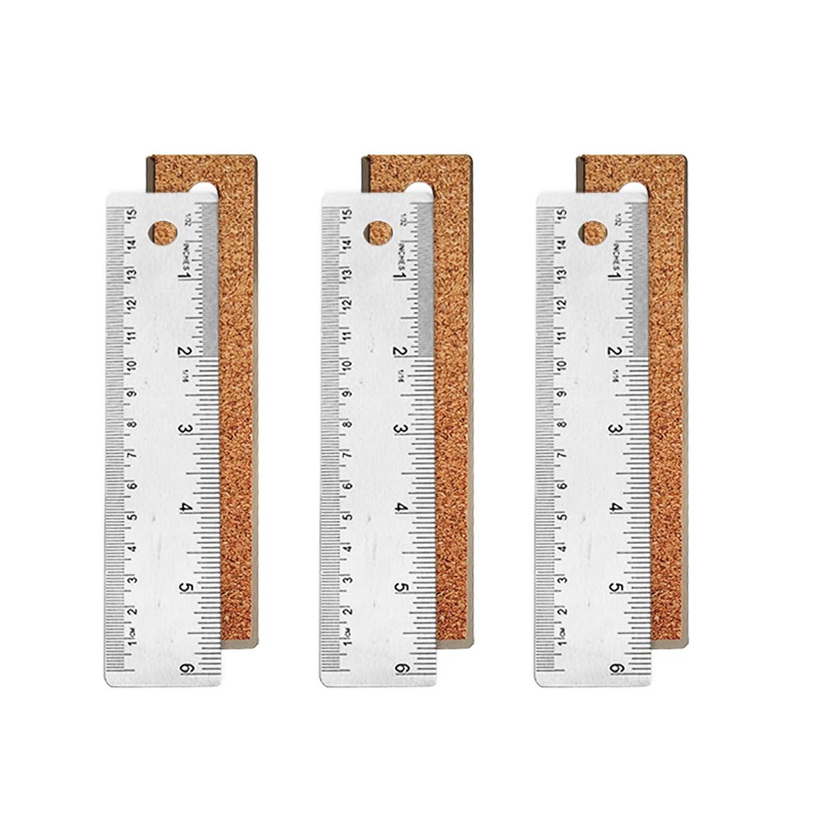 6-Inch Stainless Steel Metal Ruler with Non-Slip Cork Backing - 3 Pack