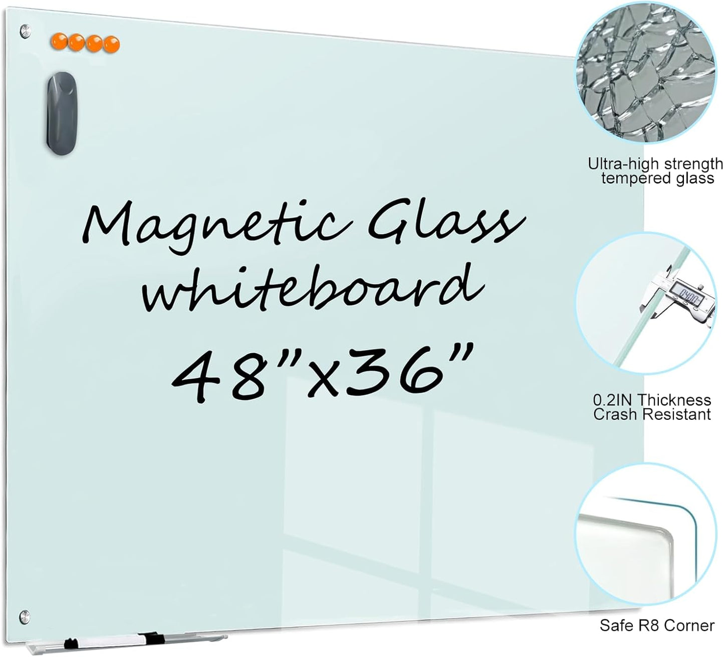 Glass Dry Erase White Board - Magnetic Whiteboard 48"X36" Large Frameless Boards with Super Strong Magnets for Office, School and Home Wall