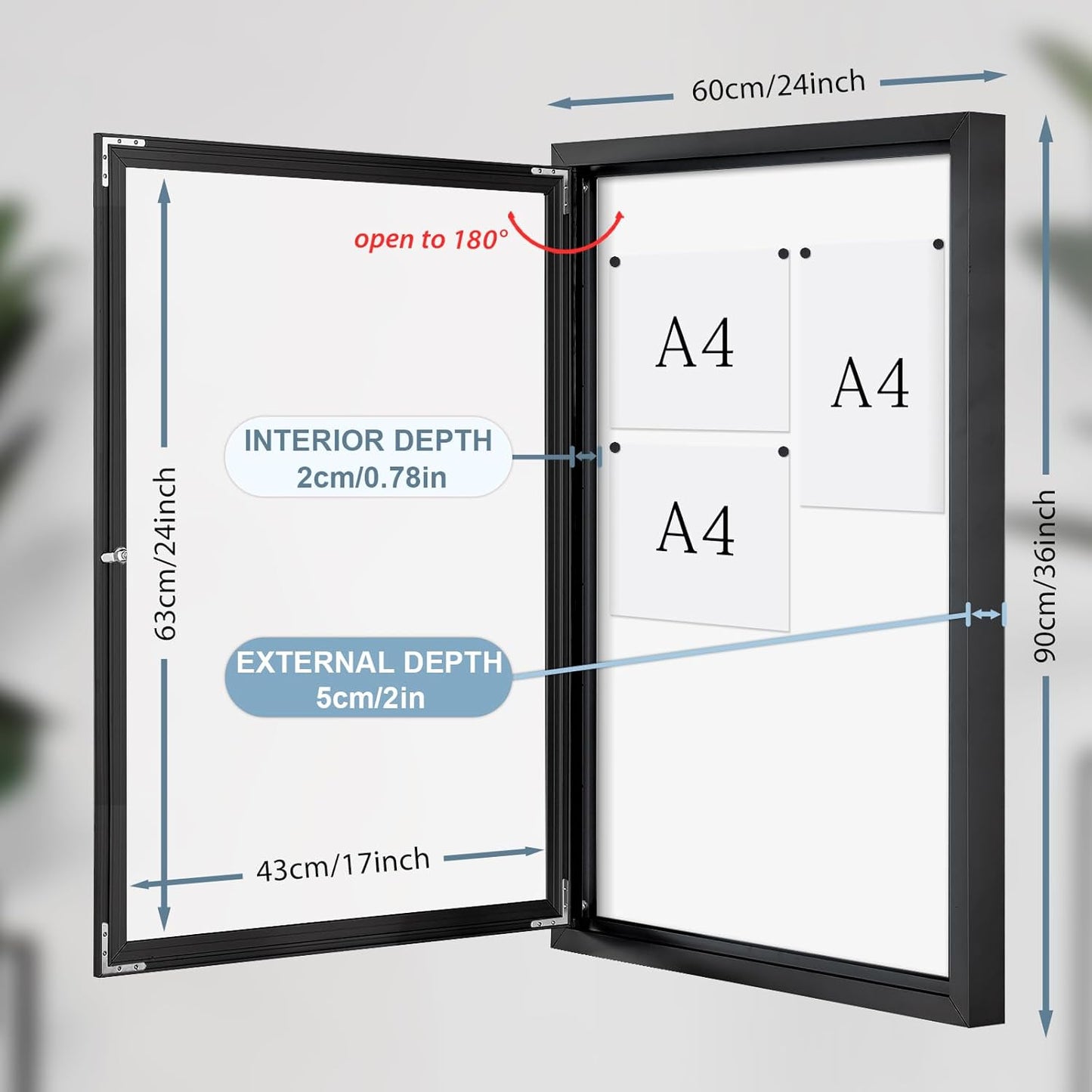 Outdoor Bulletin Board 36x24 in, Weatherproof Enclosed Bulletin Board with Locking Door, Magnetic Whiteboard, Black Aluminum
