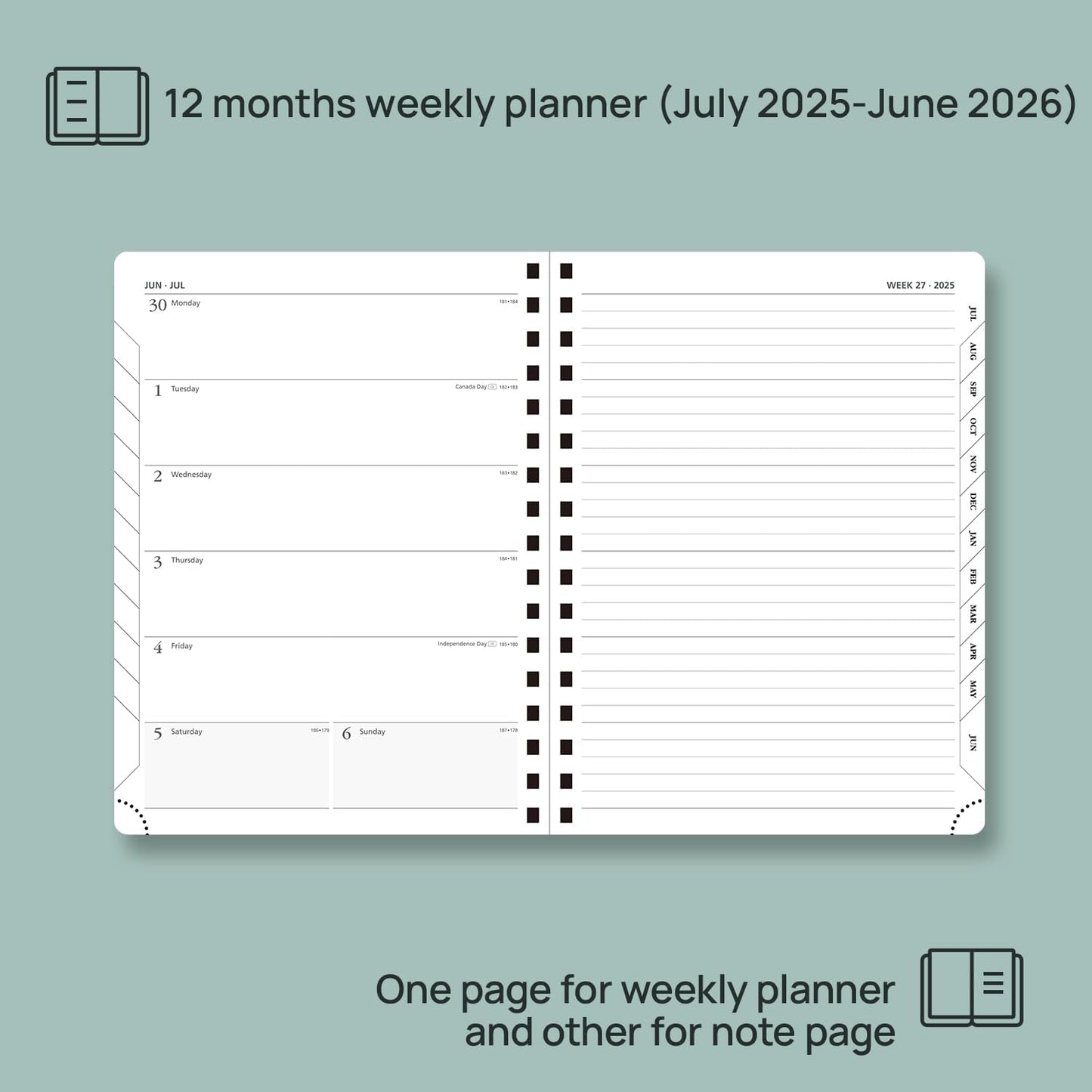 POPRUN Planner 2025-2026 Weekly Notebook (Medium 8.5''x 6.5''), Academic Calendar (JUL.25 - JUN.26) Appointment Book with Monthly Tabs, Spiral Soft Cover, Inner Pocket, 100 GSM - Brown