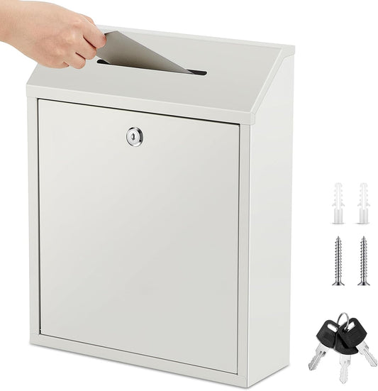 Metal Donation Cash Box Collection Safe Suggestion Box with Lock Wall Mounted Mailbox Delivery Ballot Container for Home Office Outdoor Door(White,15 x 12 x 4 Inch)