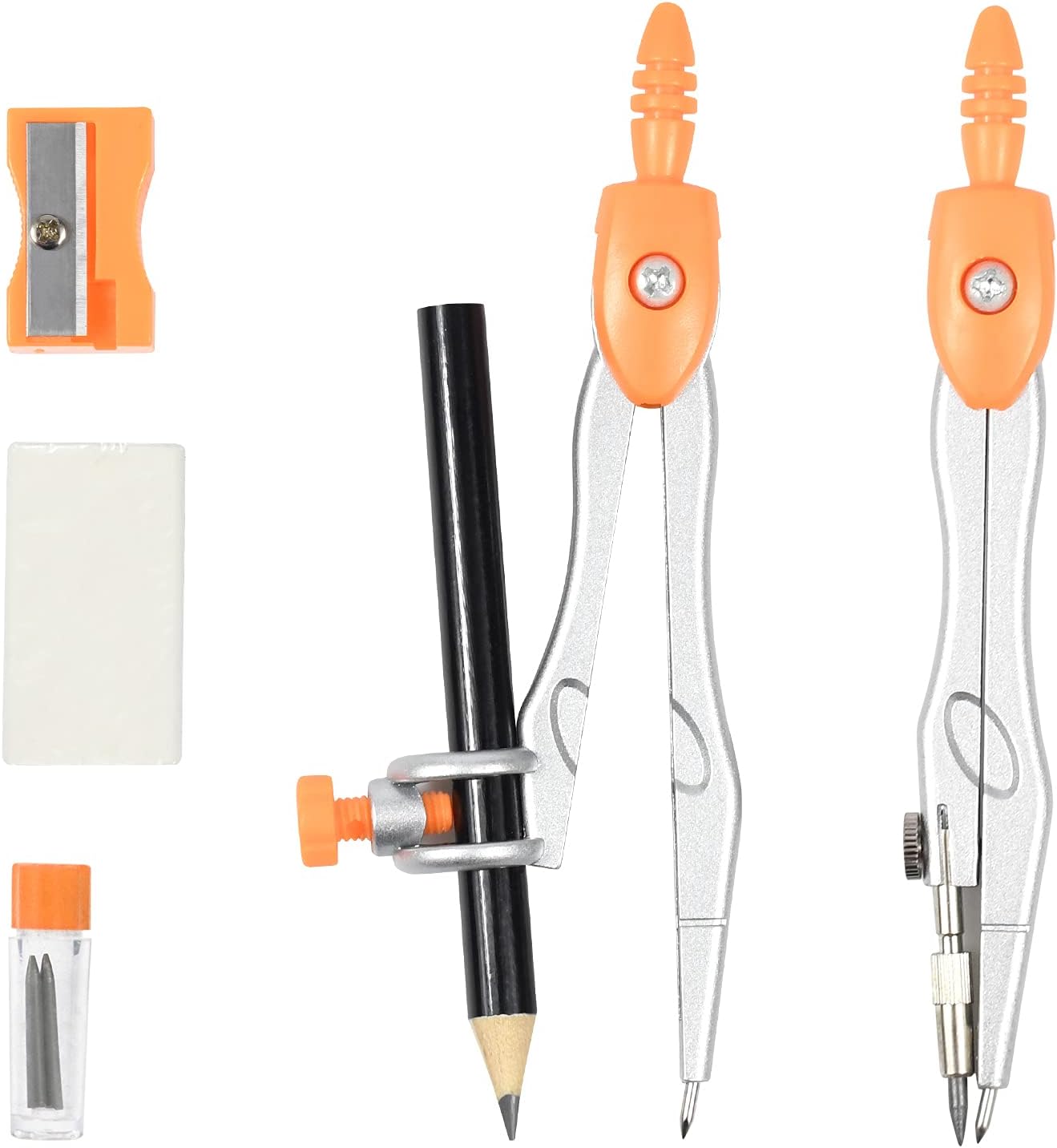 Math Geometry Kit Sets 10 Piece Student Supplies with Shatterproof Storage Box,Includes Rulers,Protractor,Compass,Eraser,Pencil Sharpener,Lead Refills,Pencil,for Drafting and Drawings（Orange）