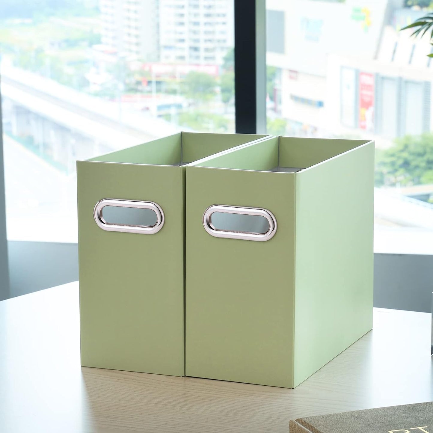 Oterri File Organizer, 8 Packs Small Storage Box, Cardboard File Folder Organizer, Collapsible File Box for Hanging File Folders Letter Size, Portable Filing Organizer with Handle (Green