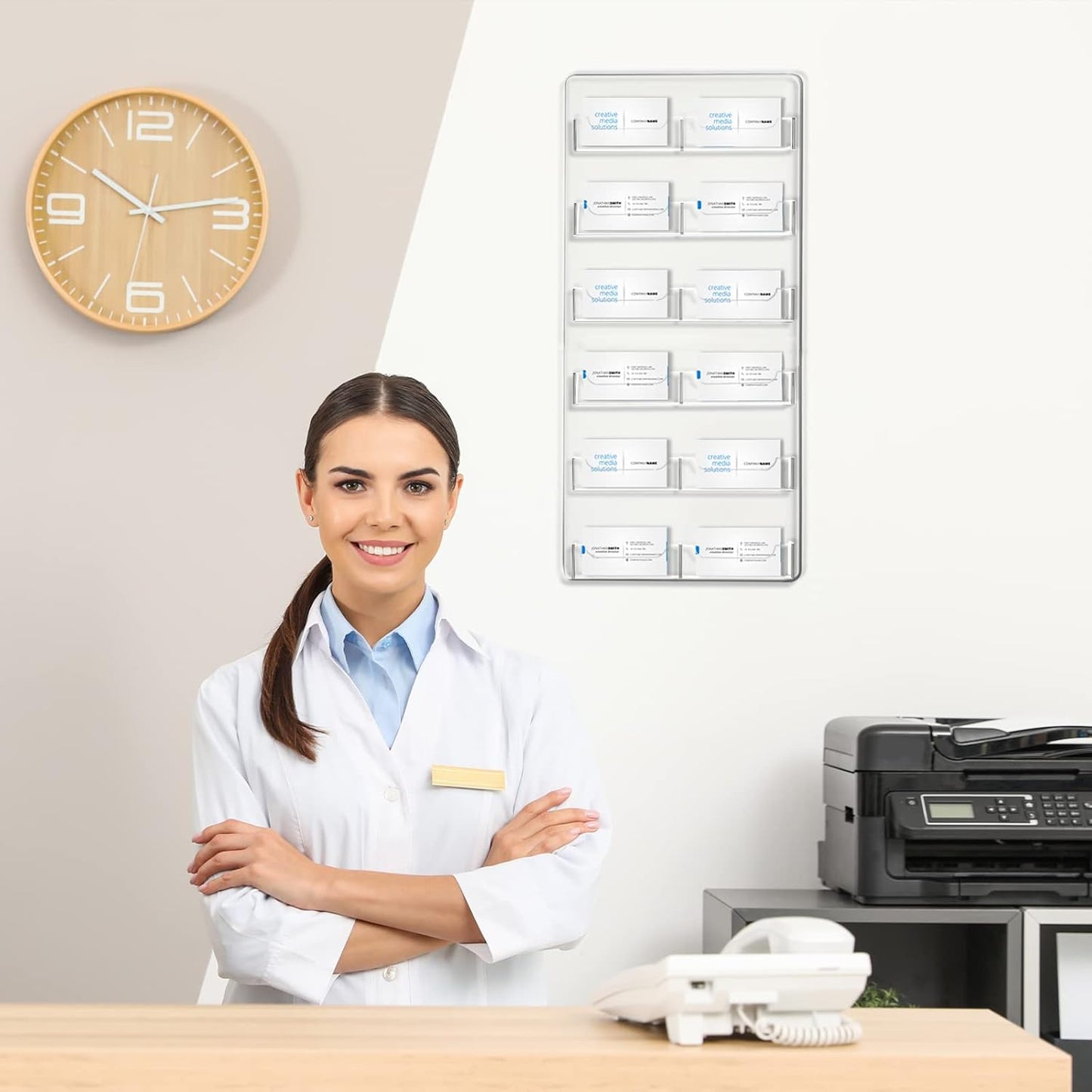 Qunclay 2 Pack 12 Pocket Acrylic Business Card Holder Wall Mount Clear Sticker Display Rack Vertical Multiple Gift Card Rack Display Stand for Home Documents Brochures Hanging Organizing Office Table