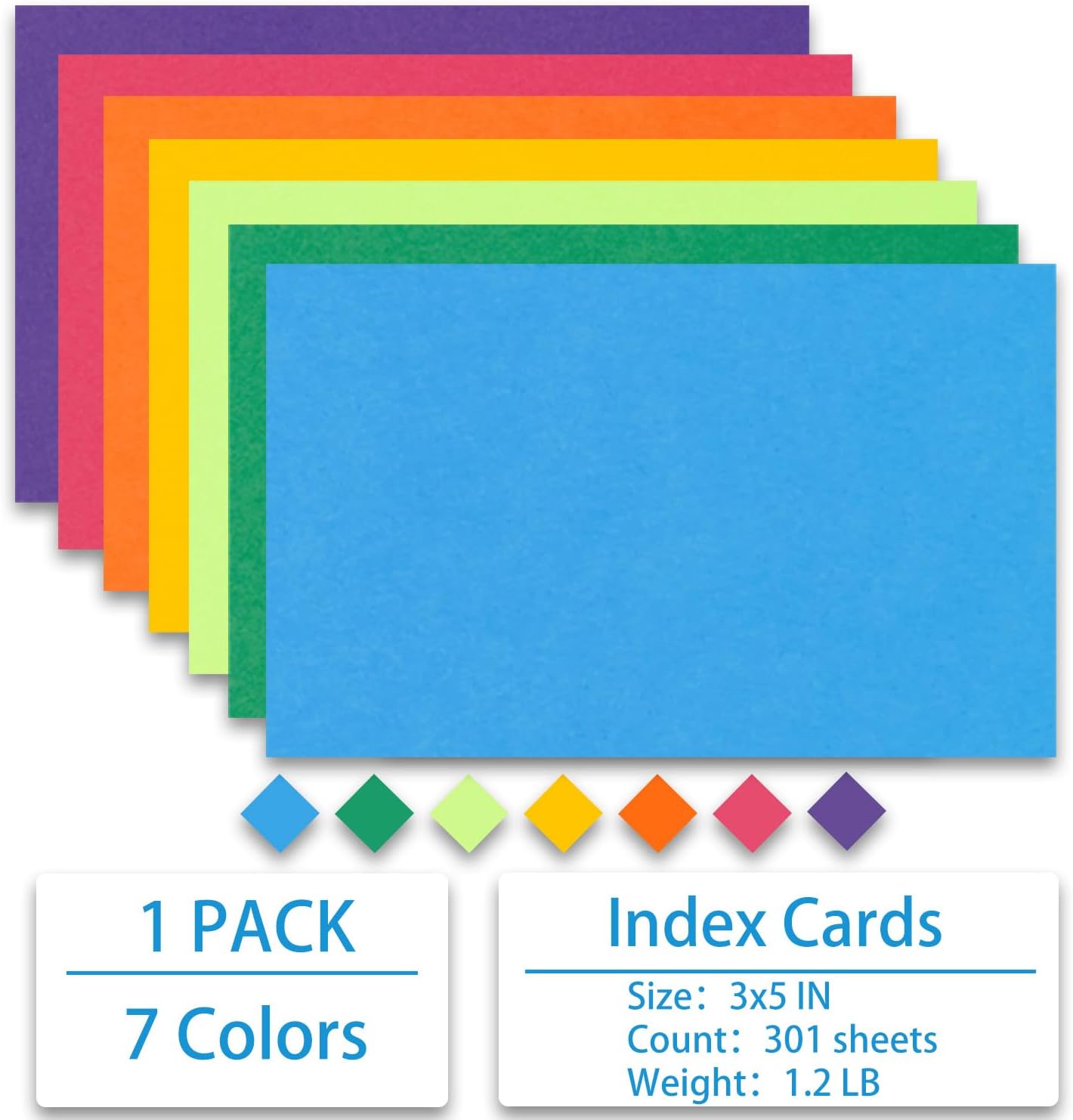 Index Cards 301-Count 3x5 Inch,178GSM Heavyweight Set of 7 Colors Paper Multicolor Study Cards (Rainbow)