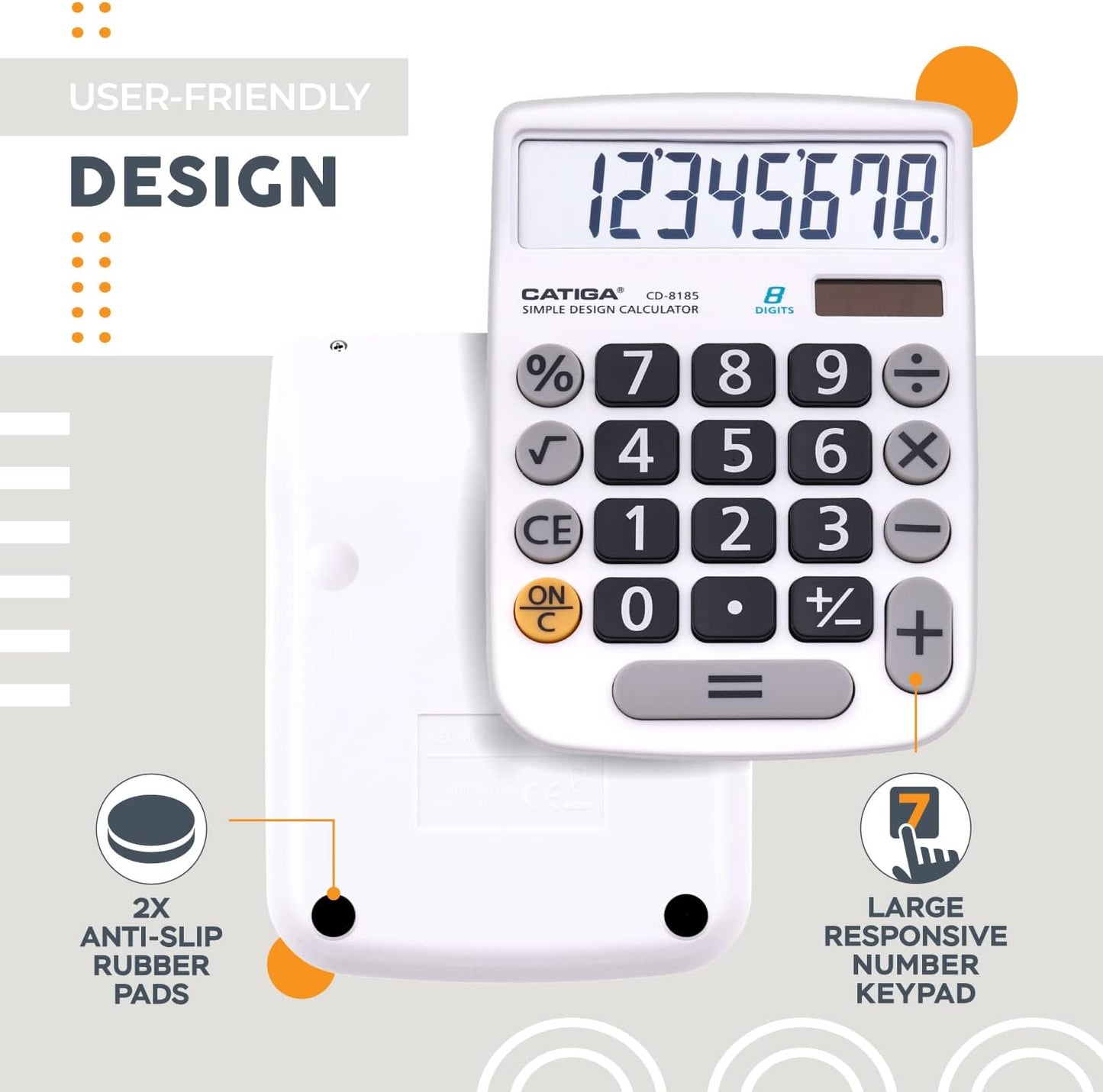CATIGA Desktop Calculator 8 Digit with Solar Power and Easy to Read LCD Display, Big Buttons, for Home, Office, School, Class and Business, 4 Function Small Basic Calculators for Desk, CD-8185