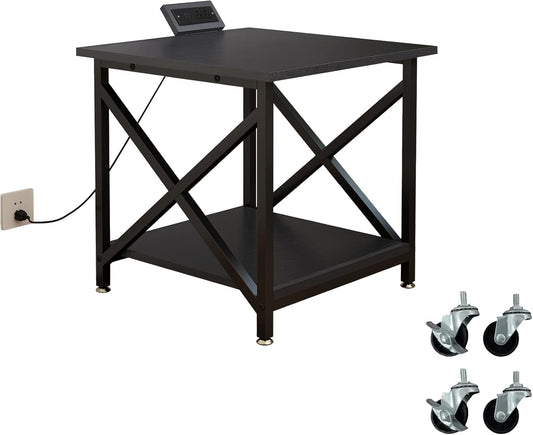 Large Printer Stand with Power Outlet, with Storage Shelf, 2 Tier Rolling Printer Cart with Industrial Wheels, 23.6 x 23.6 Inches Printer Table for Home Office,Black