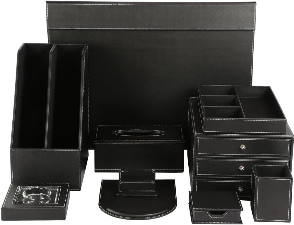 KINGFOM 10-Piece Office Desk Organizer Set, File Holder, Desk Drawer, Memo Paper Holder, Pen Holder, Name Card Holder, Mouse Pad, Desk Pad, Crystal Holder, Tissue Box Holder (T07H)