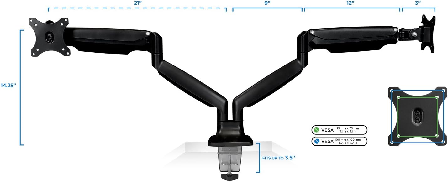 Mount-It! Dual Monitor Arm Mount | Desk Stand | Two Articulating Gas Spring Height Adjustable Arms | Fits 2 x 24 27 29 30 32 Inch VESA 75 100 Compatible Screens | C-Clamp and Grommet Bases (Black)