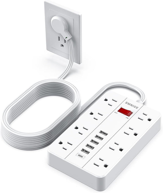 Flat Plug Extension Cord 15 Ft, SMNICE Surge Protector Power Strip with 8 Widely Spaced Outlets and 6 USB(1USB C) Ports, Wall Mount Long Charging Station for Dorm Home, Office Accessories, White