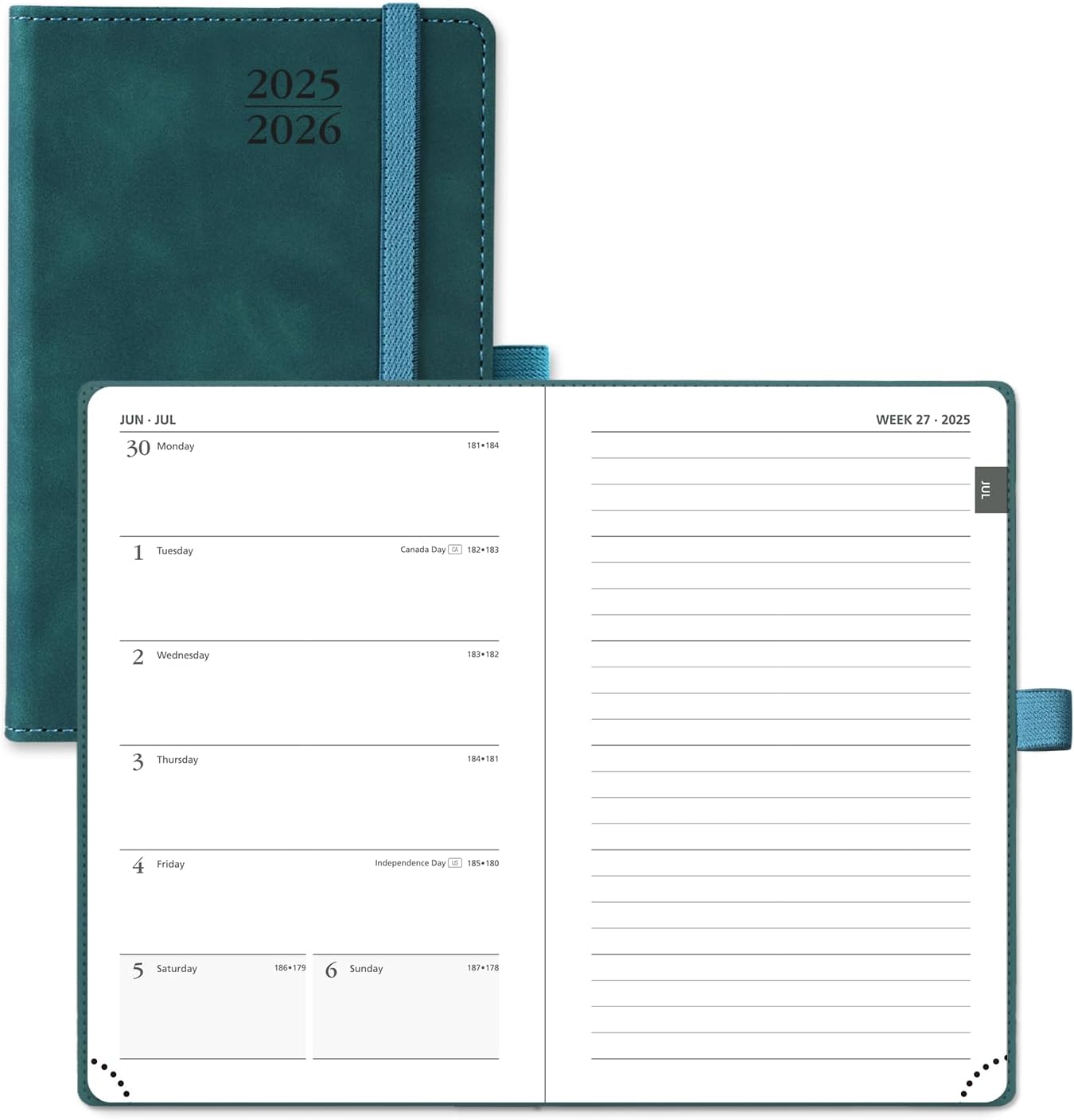 POPRUN Planner 2025-2026 Weekly Notebook for Purse(Pocket Size 4''x 6.25'') Small Academic Calendar (JUL.25 - JUN.26) with Monthly Tabs, Leather Soft Cover, Inner Pocket, 100 GSM - Petrol Green