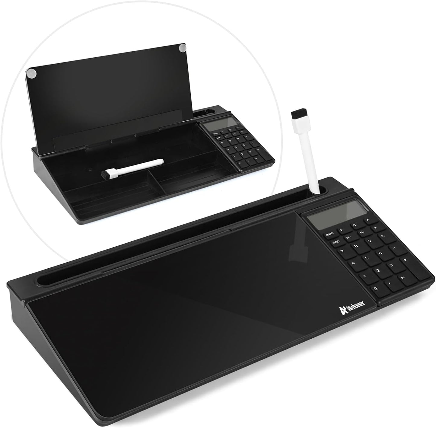Varhomax Glass Desk Whiteboard Black with Calculator, Desktop Dry Erase White Board with Storage, to Do List Memo Notepad for Home and Office