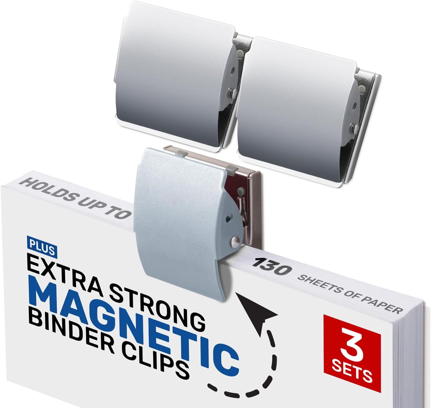 Extra Strong Magnetic Binder Clips, Set of 3 Large Silver Clips for Fridge, Office, and Home Use