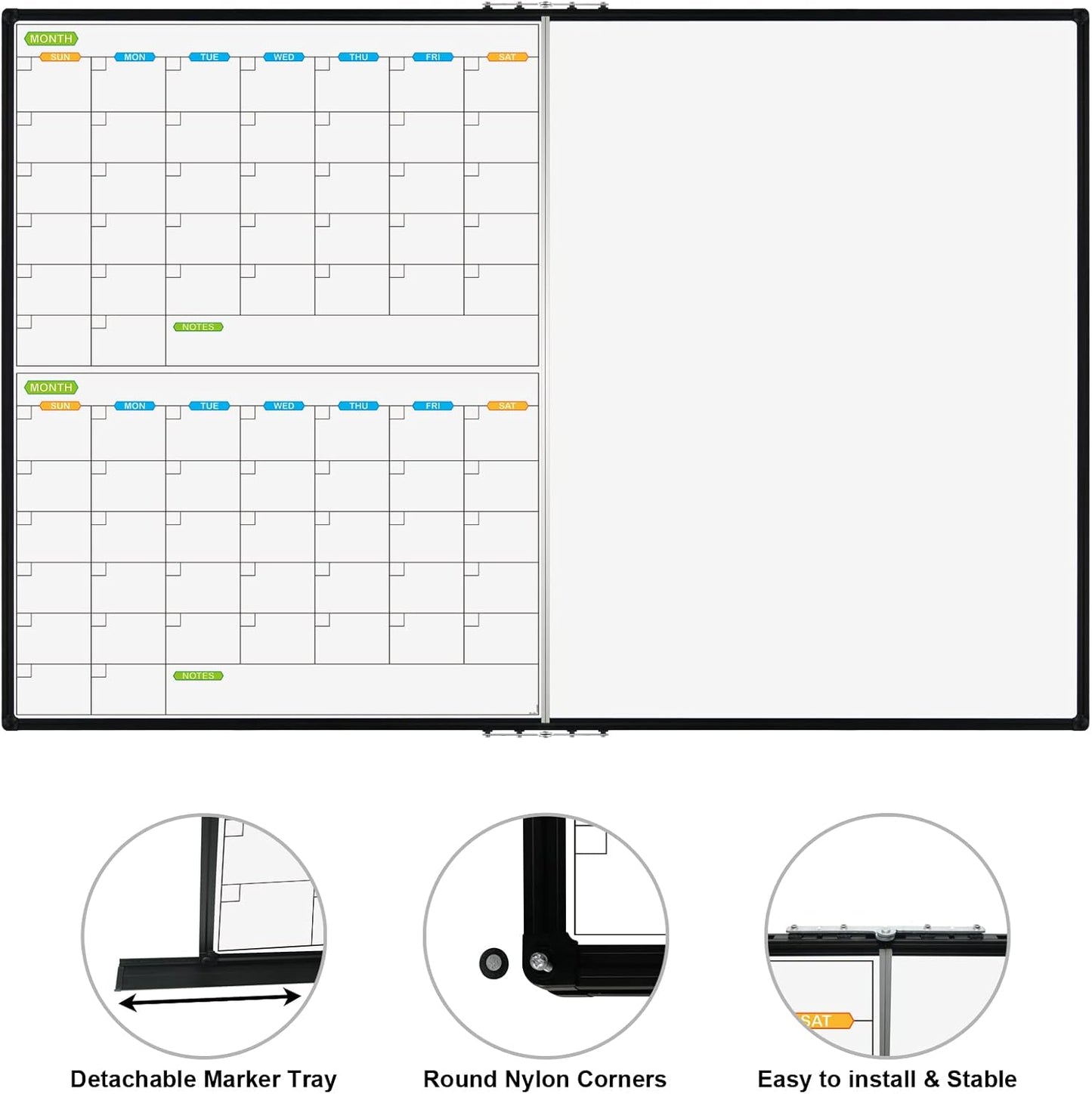 JILoffice Magnetic Foldable Dry Erase Calendar Whiteboard Combo, 2 Month Calendar Board & White Board 72 X 40 Inch, Black Aluminum Frame Wall Mounted Board for Office Home and School