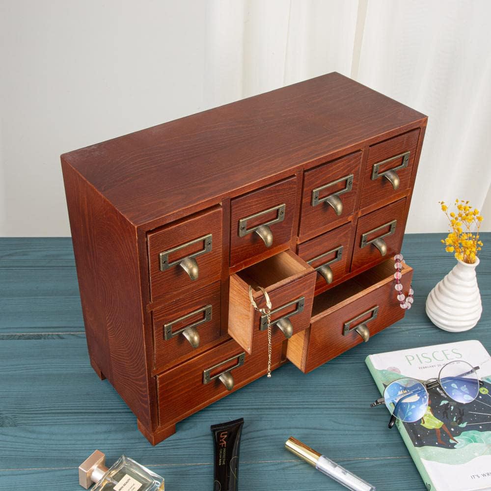 Apothecary Cabinet with 10 Drawers & Labels Rustic Library Card Catalog Cabinet Desktop Wooden Storage Box for Organize Herbal、Tea Bag、Jewelry (Brown)